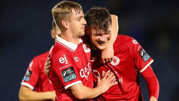 22 August 2025; Sligo Rovers players, from left, Ciaron Harkin and Owen Elding celebrate after their side's victory in the SSE Airtricity Men's Premier Division match between Waterford and Sligo Rovers at the Regional Sports Centre in Waterford. Photo by