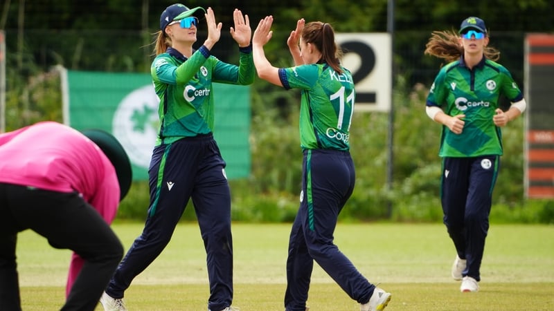 Arlene Kelly celebrates a wicket in her side's 63-run win over Italy