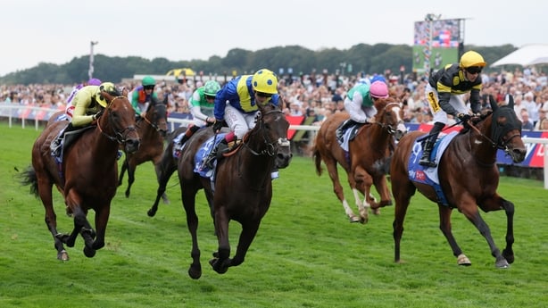 Never So Brave (centre number 4) ridden by Oisin Murphy goes on to win the Sky Bet City Of York Stakes 