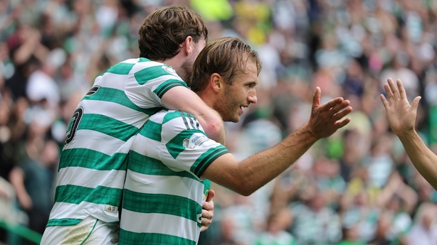 Celtic's Benjamin Nygren (right) celebrates after scoring his and side's second goal against Livingston