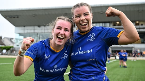 23 August 2025; Leinster debutants Aoife Corcoran, left, and Kara Mulcahy after their side's victory in the Vodafone Women's Interprovincial Championship Round 3 match between Connacht and Leinster at Dexcom Stadium in Galway. Photo by Shauna Clinton/Sportsfile