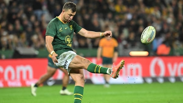 South Africa's fly-half Handre Pollard kicks the ball during the Rugby Championship second round Test match between South Africa and Australia at the DHL Stadium in Cape Town on August 23, 2025. (Photo by RODGER BOSCH / AFP)