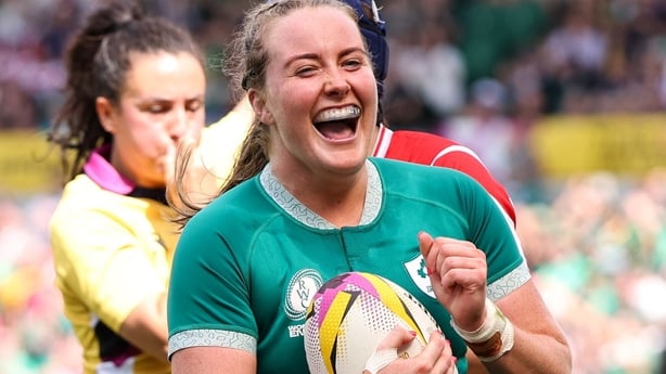 24 August 2025; Fiona Tuite of Ireland celebrates after scoring her side's fourth try during the Women's Rugby World Cup 2025 Pool C match between Ireland and Japan at Franklin's Gardens in Northampton, England. Photo by Harry Murphy/Sportsfile