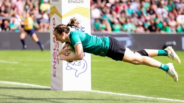 24 August 2025; Eve Higgins of Ireland scores her side's fifth try during the Women's Rugby World Cup 2025 Pool C match between Ireland and Japan at Franklin's Gardens in Northampton, England. Photo by Harry Murphy/Sportsfile