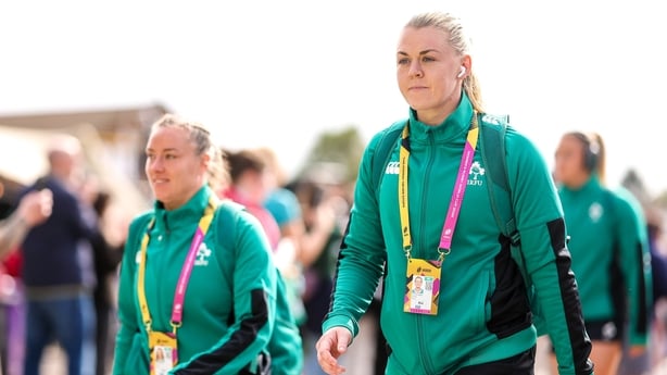 24 August 2025; Ireland players Sam Monaghan, right, and Edel McMahon arrive ahead of the Women's Rugby World Cup 2025 Pool C match between Ireland and Japan at Franklin's Gardens in Northampton, England. Photo by Harry Murphy/Sportsfile