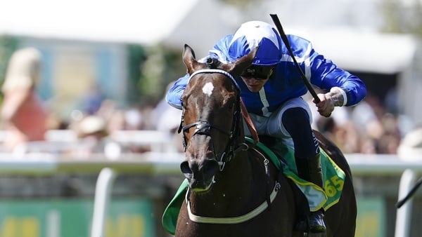 NEWMARKET, ENGLAND - JULY 11: Clifford Lee riding Venetian Sun (blue) win The Duchess Of Cambridge Stakes at Newmarket Racecourse on July 11, 2025 in Newmarket, England. (Photo by Alan Crowhurst/Getty Images)
