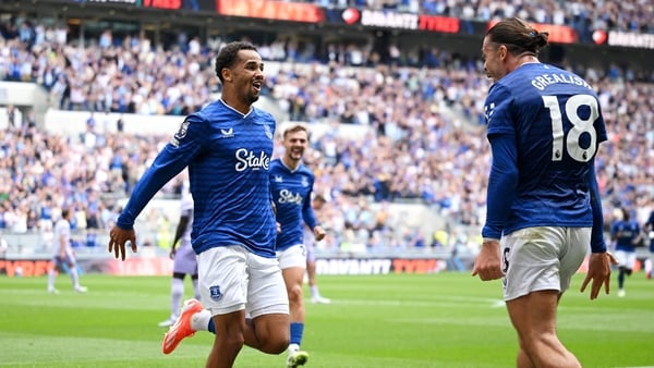 liman Ndiaye of Everton celebrates scoring his team's first goal v Brighton with team-mate Jack Grealish, Premier League, August 2025
