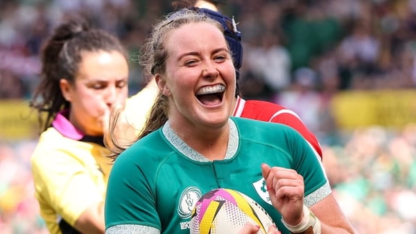 24 August 2025; Fiona Tuite of Ireland celebrates after scoring her side's fourth try during the Women's Rugby World Cup 2025 Pool C match between Ireland and Japan at Franklin's Gardens in Northampton, England. Photo by Harry Murphy/Sportsfile