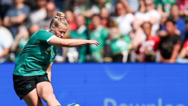 24 August 2025; Dannah O'Brien of Ireland kicks a conversion during the Women's Rugby World Cup 2025 Pool C match between Ireland and Japan at Franklin's Gardens in Northampton, England. Photo by Harry Murphy/Sportsfile