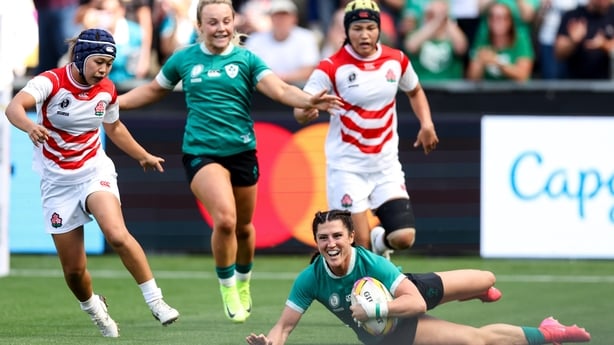 24 August 2025; Amee Leigh Costigan of Ireland scores her side's first try during the Women's Rugby World Cup 2025 Pool C match between Ireland and Japan at Franklin's Gardens in Northampton, England. Photo by Harry Murphy/Sportsfile