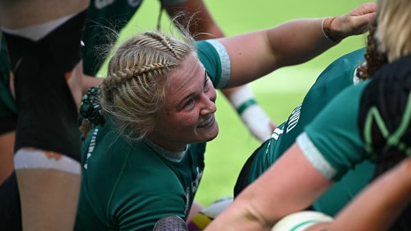 Ireland's hooker Neve Jones celebrates after scoring the team's second try during the Women’s Rugby World Cup pool C match between Ireland and Japan at Franklin's Garden