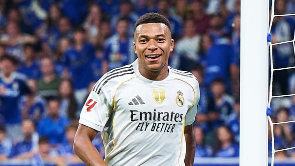 OVIEDO, SPAIN - AUGUST 24: Kylian Mbappe of Real Madrid celebrates after scoring their side's second goal during the LaLiga EA Sports match between Real Oviedo and Real Madrid CF at Carlos Tartiere on August 24, 2025 in Oviedo, Spain. (Photo by Bruno Pena