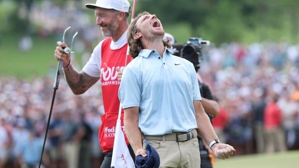 ATLANTA, GEORGIA - AUGUST 24: Tommy Fleetwood of England celebrates on the 18th green after winning the final round of the TOUR Championship 2025 at East Lake Golf Club on August 24, 2025 in Atlanta, Georgia. (Photo by Kevin C. Cox/Getty Images)