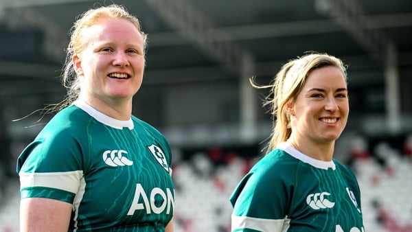 21 March 2025; Aoife Wafer, left, and Edel McMahon during the Ireland rugby captain's run at Kingspan Stadium in Belfast. Photo by Ramsey Cardy/Sportsfile