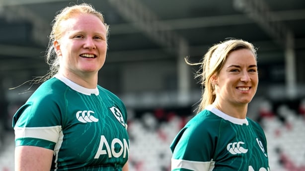 21 March 2025; Aoife Wafer, left, and Edel McMahon during the Ireland rugby captain's run at Kingspan Stadium in Belfast. Photo by Ramsey Cardy/Sportsfile