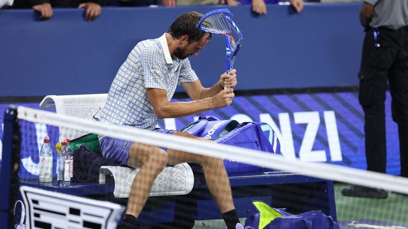 Daniil Medvedev breaks his racket after losing his first round match against Benjamin Bonzi