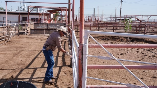A worker In a cowboy hat paints a railing next to empty corrals
