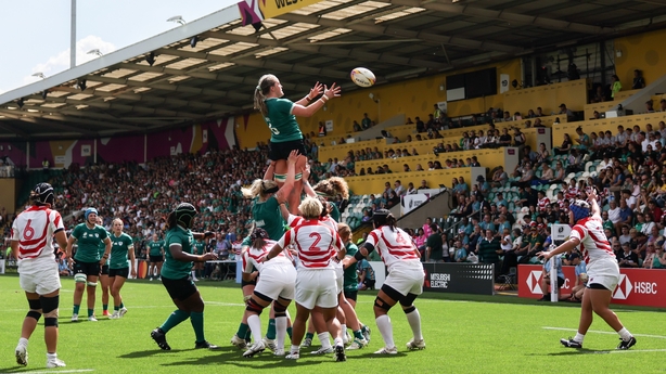 24 August 2025; Fiona Tuite of Ireland wins possession in the lineout during the Women's Rugby World Cup 2025 Pool C match between Ireland and Japan at Franklin's Gardens in Northampton, England. Photo by Harry Murphy/Sportsfile