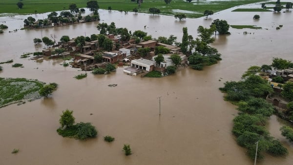 Partially submerged houses in the flood-affected Kasur area of Pakistan