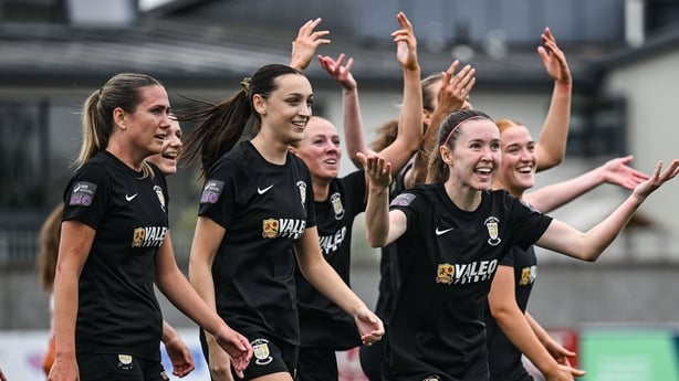 Hannah Waesch of Athlone Town, centre, celebrates with team mates after scoring their side's second goal during the UEFA Women's Champions League First Qualifying Round final match between Agram and Athlone Town at Athlone Town Stadium