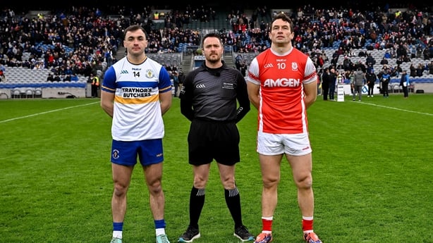 Referee Paddy Neilan with team captains Darragh Canavan of Errigal Ciarán and James Power of Cuala before the AIB GAA Football All-Ireland Senior Club Championship final match between Cuala and Errigal Ciarán at Croke Park in Dublin. Photo by Piaras Ó Mídheach/Sportsfile