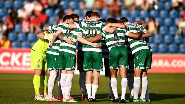 Shamrock Rovers players huddle before the UEFA Conference League Play-off Round first leg match between CD Santa Clara and Shamrock Rovers FC at the Estadio de São Miguel