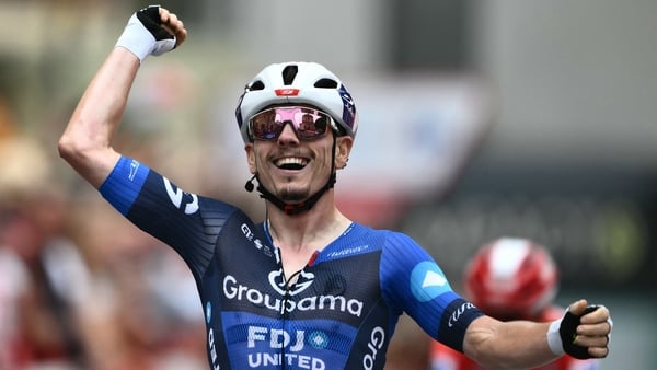 Team Groupama-FDJ's French rider David Gaudu celebrates winning the third stage of the Vuelta a Espana, a 134 km race between San Maurizio Canavese and Ceres, in Italy's Piemonte region, on August 25, 2025.