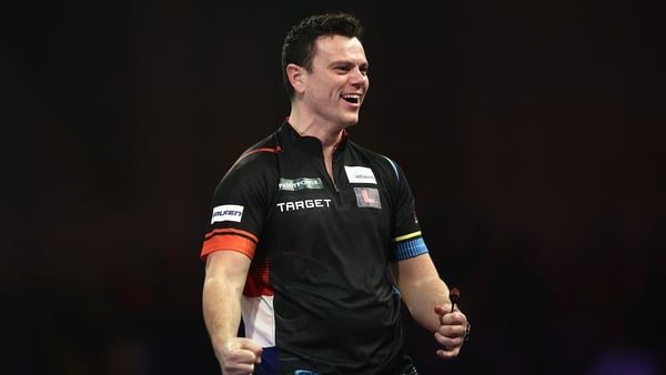 LONDON, ENGLAND - DECEMBER 30: Jeffrey de Graaf of the Netherlands reacts during his Fourth Round match against Michael van Gerwen of the Netherlands on day thirteen of the 2024/25 Paddy Power World Darts Championship at Alexandra Palace on December 30, 2