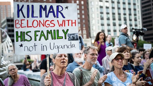 Demonstrators hold signs in support of Kilmar Abrego Garcia outside the Immigration and Customs Enforcement office in Baltimore.