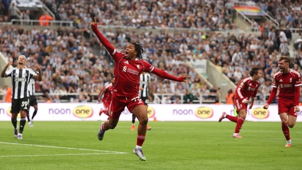 NEWCASTLE UPON TYNE, ENGLAND - AUGUST 25: Rio Ngumoha of Liverpool celebrates scoring his team's third goal during the Premier League match between Newcastle United and Liverpool at St James' Park on August 25, 2025 in Newcastle upon Tyne, England. (Photo