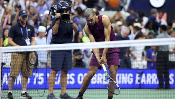 NEW YORK, NEW YORK - AUGUST 25: Carlos Alcaraz of Spain celebrates after defeating Reilly Opelka of the United States during their Men's Singles First Round match on Day Two of the 2025 US Open at USTA Billie Jean King National Tennis Center on August 25,