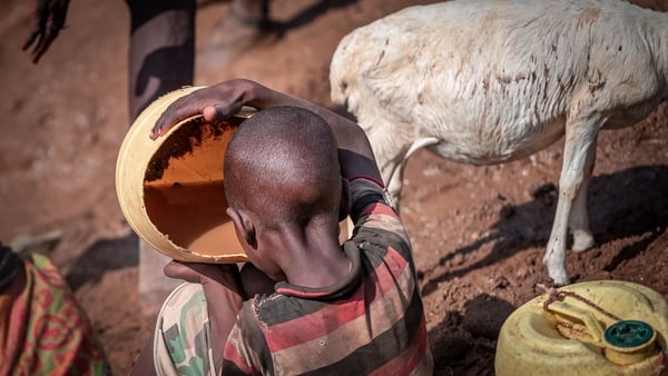 A child drinking dirty water from a well in Kenya