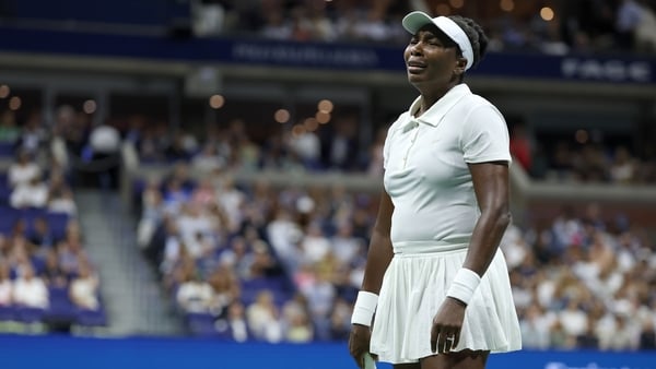 NEW YORK, NEW YORK - AUGUST 25: Venus Williams of the United States reacts against Karolina Muchova of Czech Republic during their Women's Singles First Round match on Day Two of the 2025 US Open at USTA Billie Jean King National Tennis Center on August 2