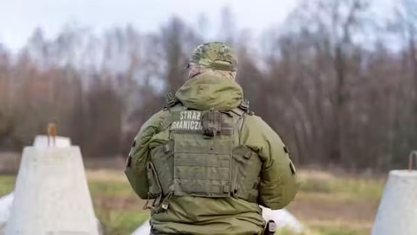 A Polish border guard patrols the Polish-Russian border at the first completed section of the East Shield, a national defence initiative launched to strengthen Poland’s eastern borders with Belarus and the Russian exclave of Kaliningrad