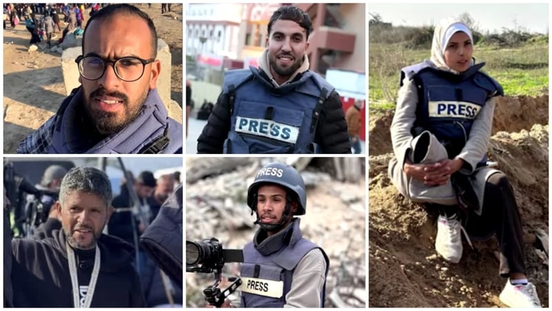 Five journalists were killed in Gaza yesterday (bottom left) Hussam Al-Masri and Mohammed Salama, (top left) Ahmed Abu Aziz and Moaz Abu Taha, (far right) Mariam Abu Dagga