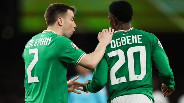 Republic of Ireland players Seamus Coleman, left, and Chiedozie Ogbene during the UEFA EURO 2024 Championship Qualifier match between Republic of Ireland and France at Aviva Stadium in Dublin.
