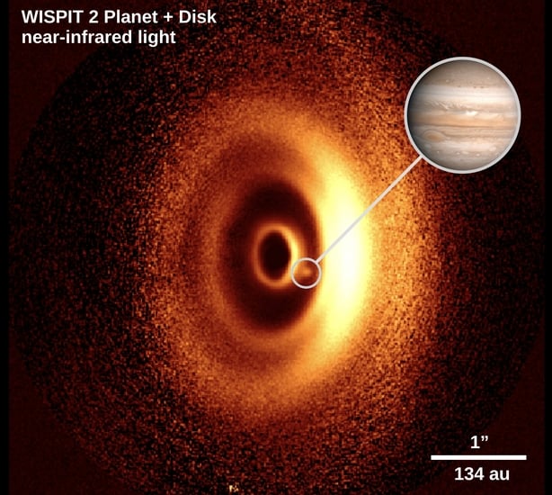 Graphic shows a dusty disk around a young star, including a new-born planet, likely a gas giant similar to Jupiter in our own solar system