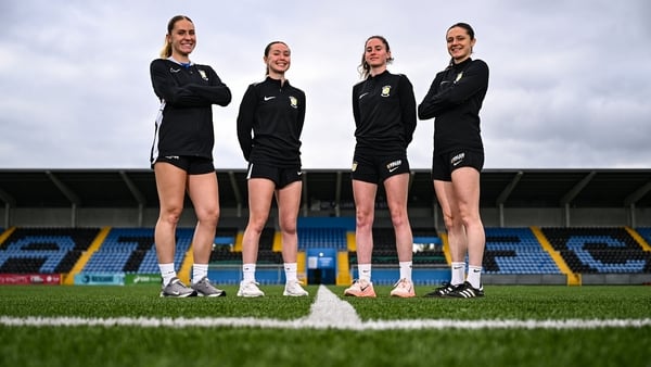 25 August 2025; Players, from left, Sarah Rice, Hannah Waesch, Kellie Brennan and Roisin Molloy during the Athlone Town UWCL portrait session at Athlone Town Stadium in Westmeath. Photo by Ben McShane/Sportsfile