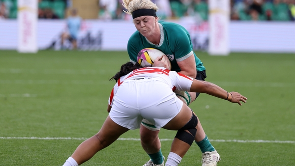 NORTHAMPTON, ENGLAND - AUGUST 24: Sam Monaghan of Ireland carries the ball during the Women's Rugby World Cup 2025 Pool C match between Ireland and Japan at Franklin's Gardens on August 24, 2025 in Northampton, England. (Photo by Paul Harding/Getty Images