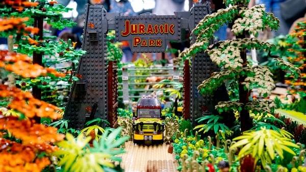 A model of the entrance to Jurassic Park made of Lego bricks