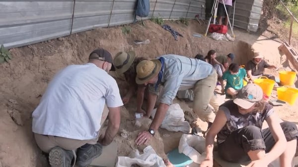 A group of archaeologists carry out an excavation using hand tools