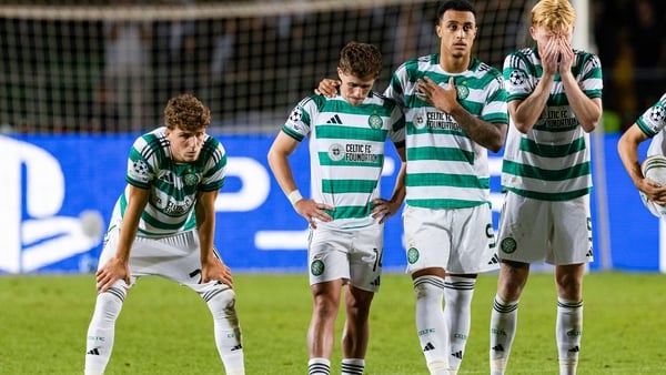 ALMATY, KAZAKHSTAN - AUGUST 26: (L-R) Celtic's Arne Engels, Luke McCowan, Adam Idah and Liam Scales during the penalty shoot-out during a UEFA Champions League Play-Off Secong Leg match between Kairat Almaty and Celtic at the Almaty Ortalyk Stadion, on Au