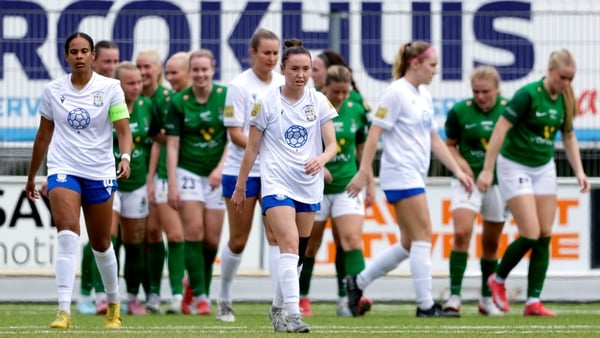Israela Groves, left, and Hannah Waesch of Athlone Town react after their side conceded their first goal during the UEFA Women's Champions League Second Qualifying Round semi-final match between Breidablik and Athlone Town at Sportpark Schreurserve in Ens