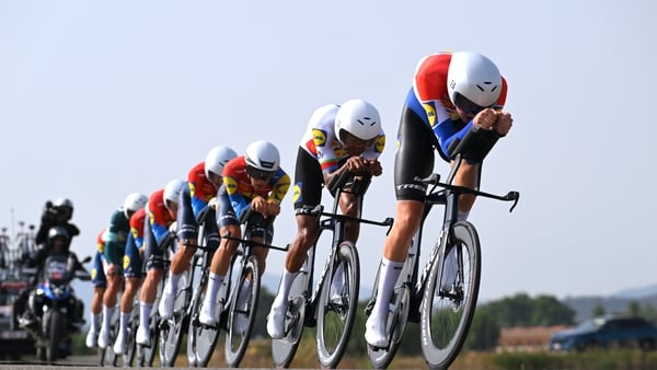 Competitors during Stage 5, a time trial, at the 2025 La Vuelta