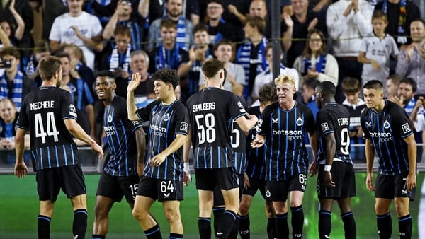 Joaquin Seys of Club Brugge (third from right) after scoring his side's fourth goal against Rangers in 2025-26 Champions League