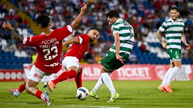 21 August 2025; Danny Mandroiu of Shamrock Rovers shoots to score his side's second goal during the UEFA Conference League Play-off Round first leg match between CD Santa Clara and Shamrock Rovers FC at the Estadio de São Miguel in Ponta Delgada, Portugal. Photo by Ben McShane/Sportsfile