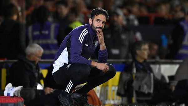 GRIMSBY, ENGLAND - AUGUST 27: Ruben Amorim, Manager of Manchester United, looks dejected after his team concede during the Carabao Cup Second Round match between Grimsby Town and Manchester United at Blundell Park on August 27, 2025 in Grimsby, England. (