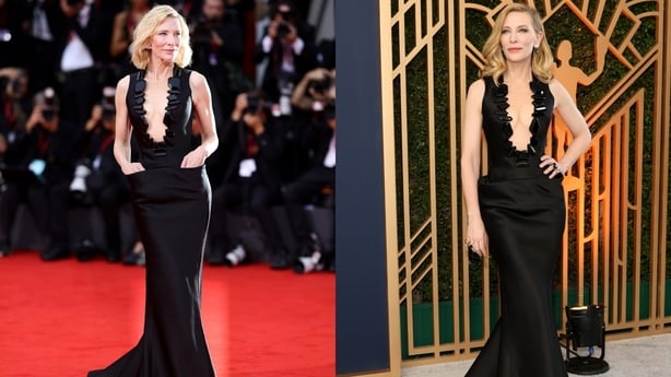 A collage of the actress Cate Blanchett wearing the same black evening gown to two red carpet events, one in 2022 and one in 2025