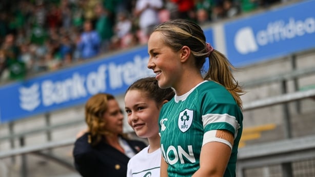 9 August 2025; Aoibheann Reilly of Ireland before the Women's Rugby World Cup warm-up match between Ireland and Canada at Affidea Stadium in Belfast. Photo by Ramsey Cardy/Sportsfile