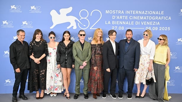 VENICE, ITALY - AUGUST 28: Guest, Emily Mortimer, Eve Hewson, Riley Keough, Billy Crudup, Laura Dern, Noah Baumbach, Adam Sandler, Greta Gerwig and Alba Rohrwacher attend the "Jay Kelly" photocall during the 82nd Venice International Film Festival on August 28, 2025 in Venice, Italy. (Photo by Steph